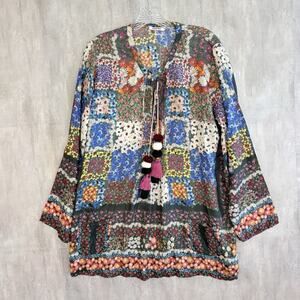 JOHNNY WAS Blouse Sz Medium Floral Daisy Silk Patchwork Boho Button Tassels Top